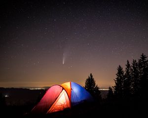 Preview wallpaper tent, camping, mountains, nature, night, starry sky