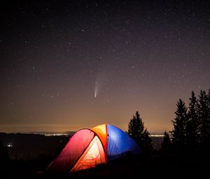 Preview wallpaper tent, camping, mountains, nature, night, starry sky