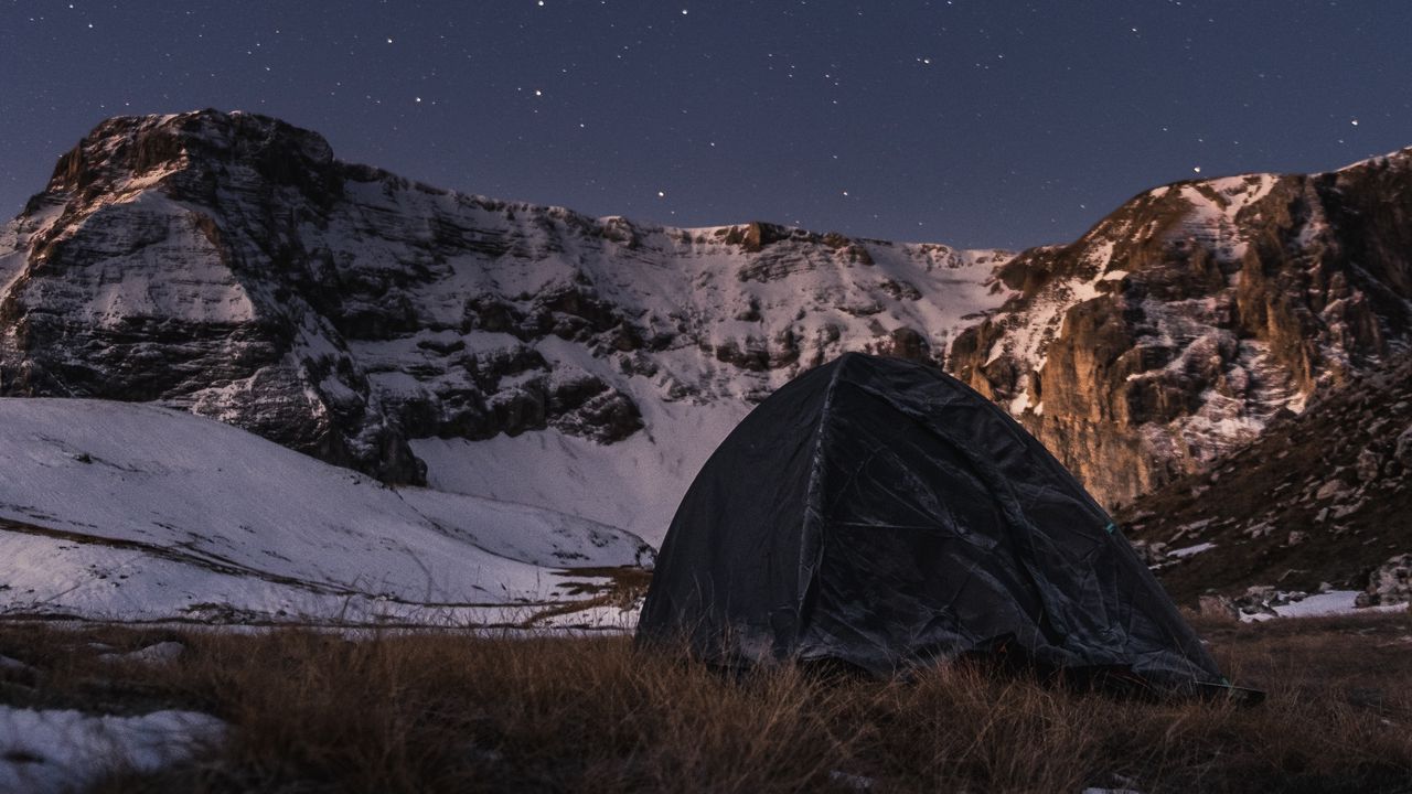 Wallpaper tent, camping, mountains, nature, night, stars, snowy