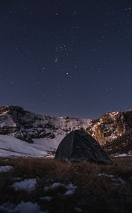 Preview wallpaper tent, camping, mountains, nature, night, stars, snowy