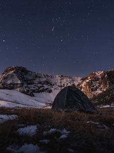 Preview wallpaper tent, camping, mountains, nature, night, stars, snowy