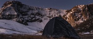 Preview wallpaper tent, camping, mountains, nature, night, stars, snowy