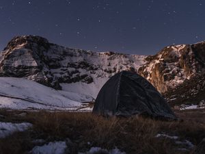 Preview wallpaper tent, camping, mountains, nature, night, stars, snowy