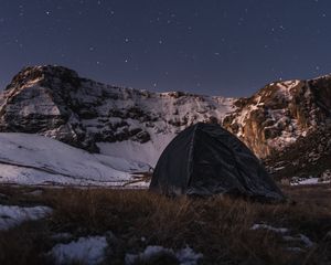 Preview wallpaper tent, camping, mountains, nature, night, stars, snowy