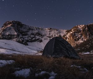 Preview wallpaper tent, camping, mountains, nature, night, stars, snowy