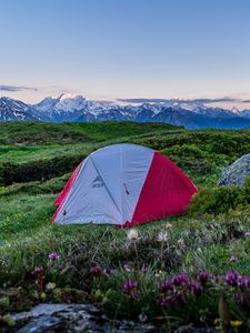 Preview wallpaper tent, camping, mountains, lawn, nature