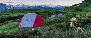 Preview wallpaper tent, camping, mountains, lawn, nature