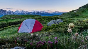 Preview wallpaper tent, camping, mountains, lawn, nature