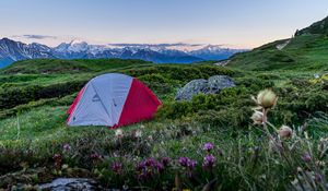 Preview wallpaper tent, camping, mountains, lawn, nature