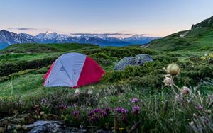 Preview wallpaper tent, camping, mountains, lawn, nature