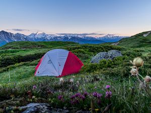 Preview wallpaper tent, camping, mountains, lawn, nature