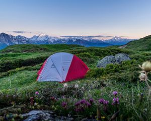 Preview wallpaper tent, camping, mountains, lawn, nature