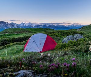 Preview wallpaper tent, camping, mountains, lawn, nature