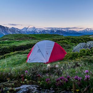 Preview wallpaper tent, camping, mountains, lawn, nature