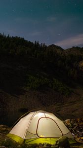 Preview wallpaper tent, camping, nature, mountains, lake, evening