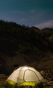 Preview wallpaper tent, camping, nature, mountains, lake, evening