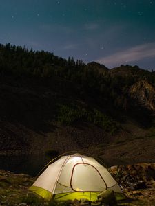 Preview wallpaper tent, camping, nature, mountains, lake, evening