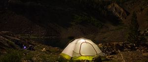 Preview wallpaper tent, camping, nature, mountains, lake, evening