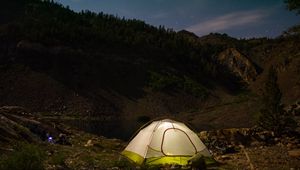 Preview wallpaper tent, camping, nature, mountains, lake, evening