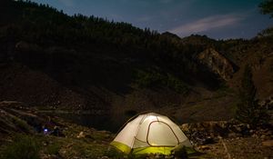 Preview wallpaper tent, camping, nature, mountains, lake, evening