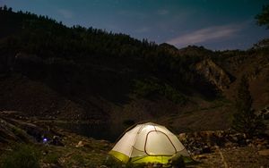 Preview wallpaper tent, camping, nature, mountains, lake, evening