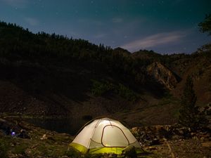 Preview wallpaper tent, camping, nature, mountains, lake, evening