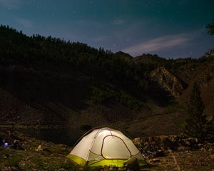 Preview wallpaper tent, camping, nature, mountains, lake, evening