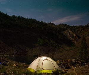 Preview wallpaper tent, camping, nature, mountains, lake, evening