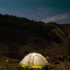 Preview wallpaper tent, camping, nature, mountains, lake, evening