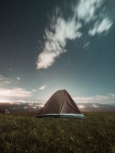 Preview wallpaper tent, camping, nature, night, city, view