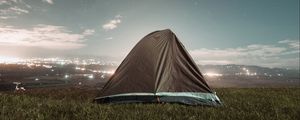 Preview wallpaper tent, camping, nature, night, city, view