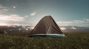 Preview wallpaper tent, camping, nature, night, city, view