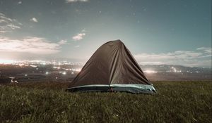 Preview wallpaper tent, camping, nature, night, city, view