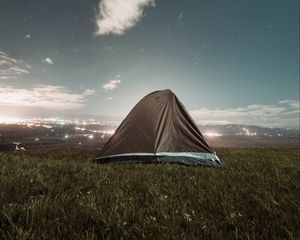 Preview wallpaper tent, camping, nature, night, city, view