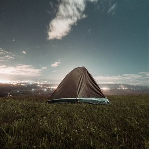 Preview wallpaper tent, camping, nature, night, city, view