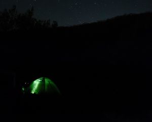 Preview wallpaper tent, camping, night, starry sky, darkness