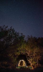 Preview wallpaper tent, camping, night, trees, starry sky