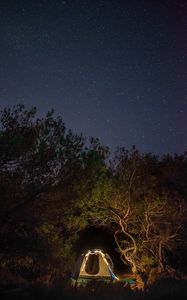 Preview wallpaper tent, camping, night, trees, starry sky