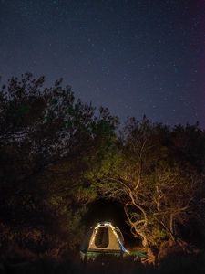 Preview wallpaper tent, camping, night, trees, starry sky