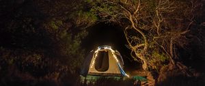 Preview wallpaper tent, camping, night, trees, starry sky