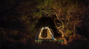 Preview wallpaper tent, camping, night, trees, starry sky
