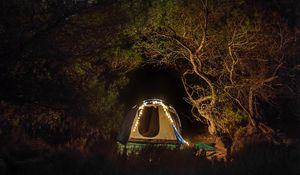 Preview wallpaper tent, camping, night, trees, starry sky