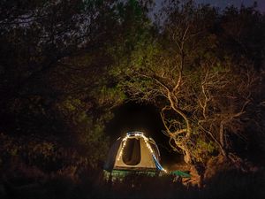 Preview wallpaper tent, camping, night, trees, starry sky