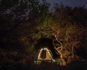 Preview wallpaper tent, camping, night, trees, starry sky