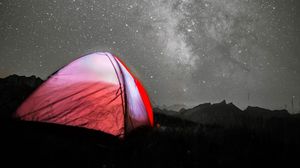 Preview wallpaper tent, camping, night, stars, starry sky