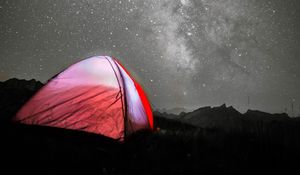 Preview wallpaper tent, camping, night, stars, starry sky