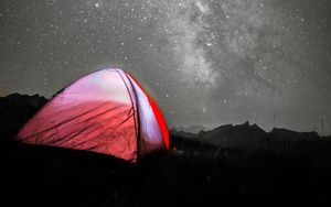 Preview wallpaper tent, camping, night, stars, starry sky