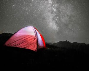 Preview wallpaper tent, camping, night, stars, starry sky