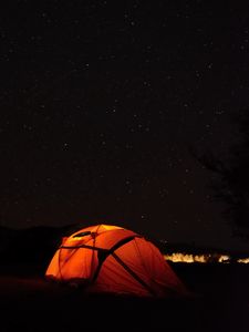 Preview wallpaper tent, camping, night, starry sky, stars