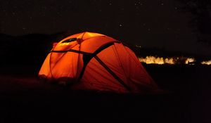 Preview wallpaper tent, camping, night, starry sky, stars